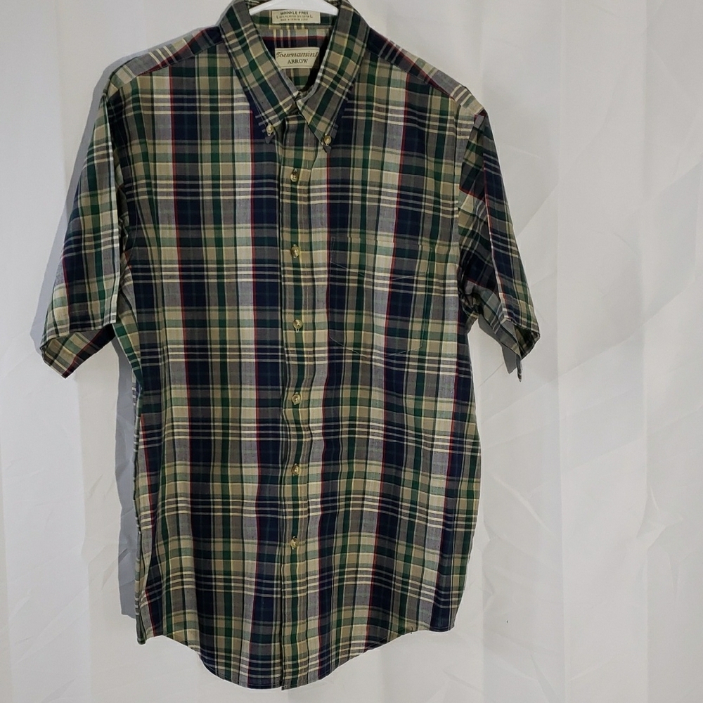 Men's Short Sleeve Plaid Shirt - Green and Blue. Size Large. Lightweight.